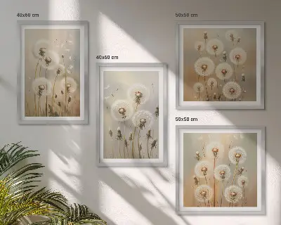 Ensemble de 4 tableaux représentant des pissenlits blancs sur fond clair