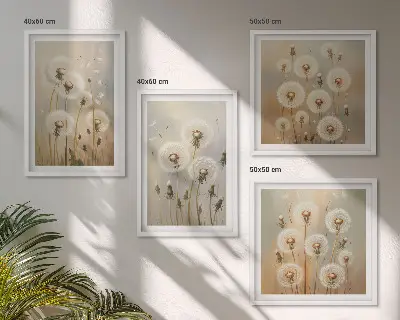 Ensemble de 4 tableaux représentant des pissenlits blancs sur fond clair