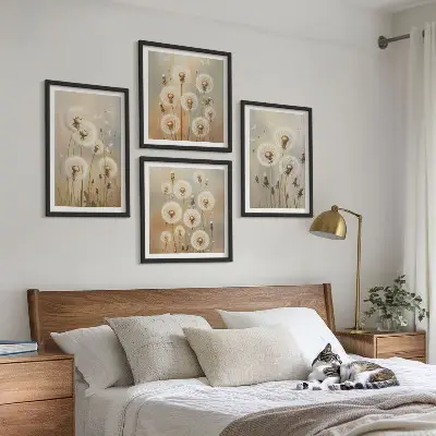 Ensemble de 4 tableaux représentant des pissenlits blancs sur fond clair