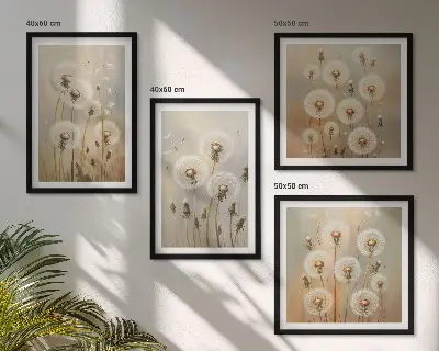 Ensemble de 4 tableaux représentant des pissenlits blancs sur fond clair