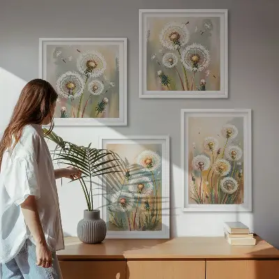 Tableau polyptyque 4 cadres fleurs de pissenlit aux tons pastel