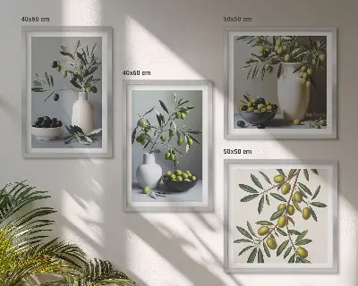 Ensemble de 4 tableaux représentant des olives dans des vases aux couleurs discrètes