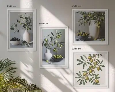 Ensemble de 4 tableaux représentant des olives dans des vases aux couleurs discrètes