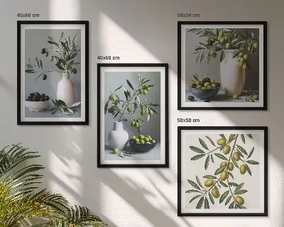 Ensemble de 4 tableaux représentant des olives dans des vases aux couleurs discrètes