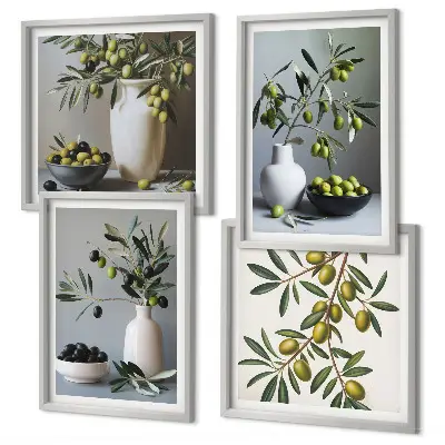 Ensemble de 4 tableaux représentant des olives dans des vases aux couleurs discrètes