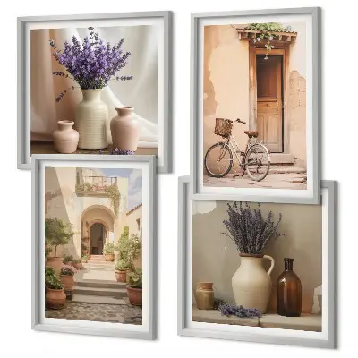 Tableau multi-panneaux Fleurs de lavande et architecture ensemble de 2 cadres