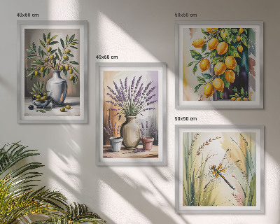 Ensemble de 4 tableaux Fleurs d'olivier dans des vases, nature