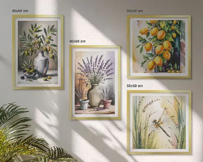 Ensemble de 4 tableaux fleurs d'olivier dans des vases