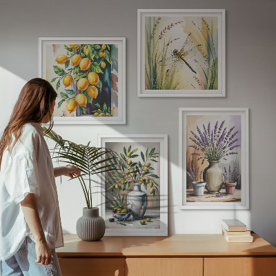 Ensemble de 4 tableaux Fleurs d'olivier dans des vases, nature