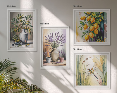 Ensemble de 4 tableaux Fleurs d'olivier dans des vases, nature