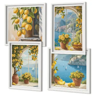 Polyptyque de deux cadres paysages marins, citrons et fenêtres