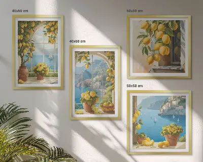 Polyptyque de deux cadres paysages marins, citrons et fenêtres