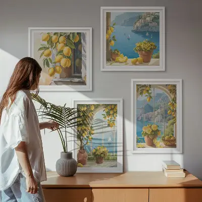 Polyptyque de deux cadres paysages marins, citrons et fenêtres