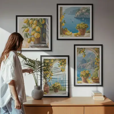 Polyptyque de deux cadres paysages marins, citrons et fenêtres