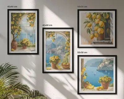 Polyptyque de deux cadres paysages marins, citrons et fenêtres