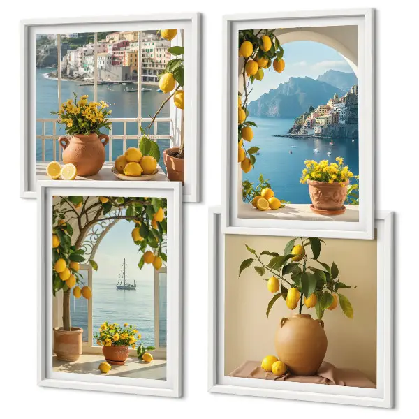 Ensemble de 4 tableaux Citronniers en fleurs de ville côtière ensemble de 4 tableaux