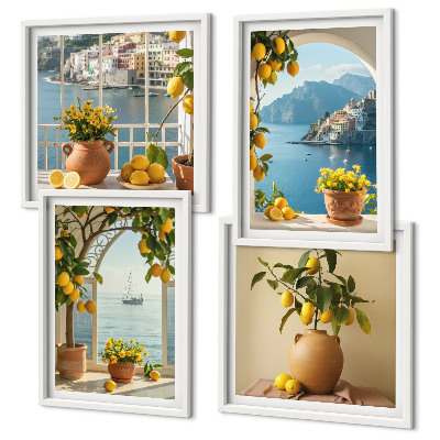 Ensemble de 4 tableaux Citronniers en fleurs de ville côtière