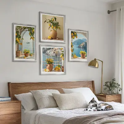 Ensemble de 4 tableaux Citronniers en fleurs de ville côtière ensemble de 4 tableaux