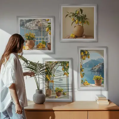 Ensemble de 4 tableaux Citronniers en fleurs de ville côtière ensemble de 4 tableaux