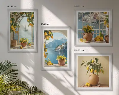Ensemble de 4 tableaux Citronniers en fleurs de ville côtière ensemble de 4 tableaux