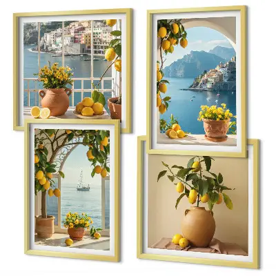 Ensemble de 4 tableaux Citronniers en fleurs de ville côtière ensemble de 4 tableaux