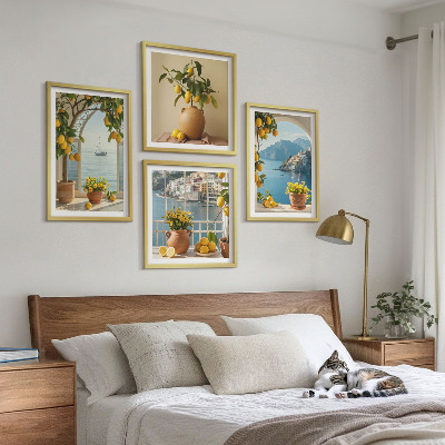 Ensemble de 4 tableaux Citronniers en fleurs de ville côtière