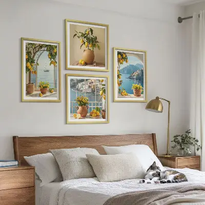 Ensemble de 4 tableaux Citronniers en fleurs de ville côtière ensemble de 4 tableaux