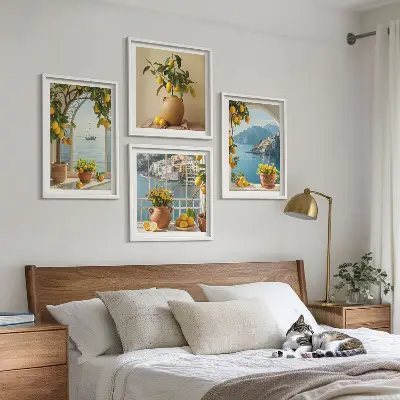 Ensemble de 4 tableaux Citronniers en fleurs de ville côtière ensemble de 4 tableaux