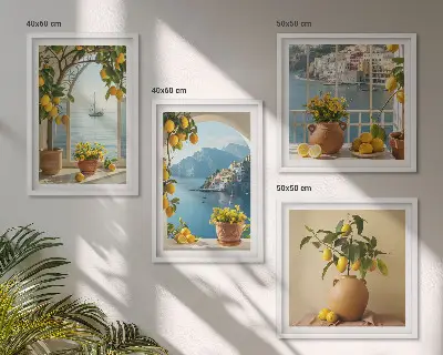 Ensemble de 4 tableaux Citronniers en fleurs de ville côtière ensemble de 4 tableaux