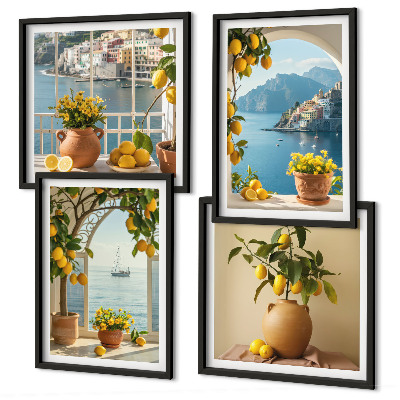 Ensemble de 4 tableaux Citronniers en fleurs de ville côtière