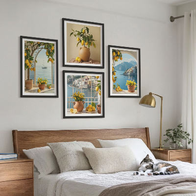 Ensemble de 4 tableaux Citronniers en fleurs de ville côtière