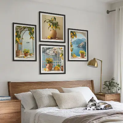 Ensemble de 4 tableaux Citronniers en fleurs de ville côtière ensemble de 4 tableaux