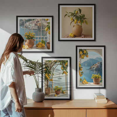 Ensemble de 4 tableaux Citronniers en fleurs de ville côtière
