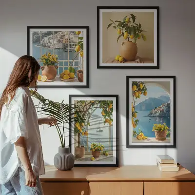 Ensemble de 4 tableaux Citronniers en fleurs de ville côtière ensemble de 4 tableaux
