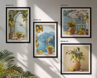Ensemble de 4 tableaux Citronniers en fleurs de ville côtière ensemble de 4 tableaux
