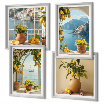Ensemble de 4 tableaux Citronniers en fleurs de ville côtière