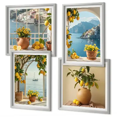 Ensemble de 4 tableaux Citronniers en fleurs de ville côtière ensemble de 4 tableaux
