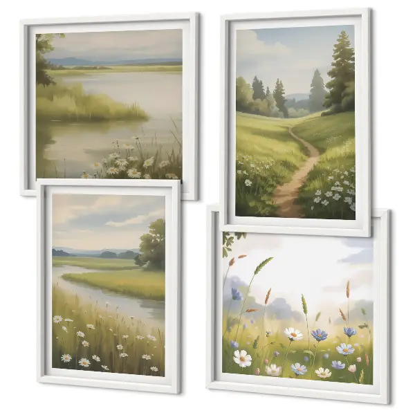 Mur de tableaux paysage printanier représentant une prairie riveraine