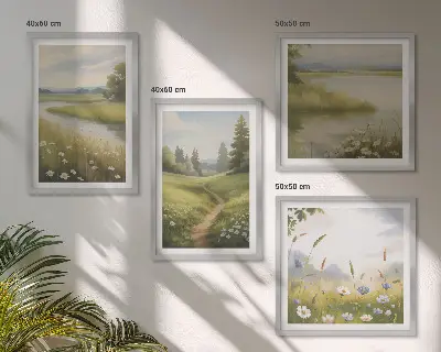 Mur de tableaux paysage printanier représentant une prairie riveraine