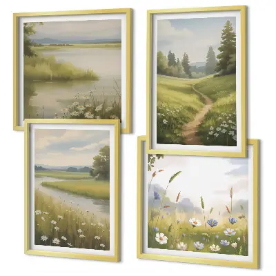 Mur de tableaux paysage printanier représentant une prairie riveraine