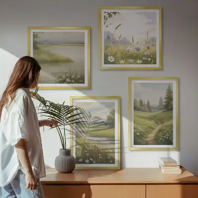 Mur de tableaux paysage printanier représentant une prairie riveraine