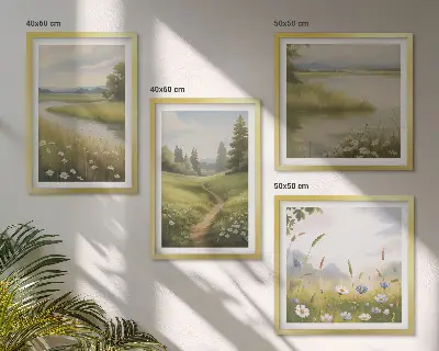 Mur de tableaux paysage printanier représentant une prairie riveraine