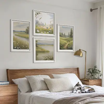 Mur de tableaux paysage printanier représentant une prairie riveraine