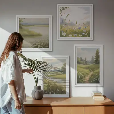 Mur de tableaux paysage printanier représentant une prairie riveraine