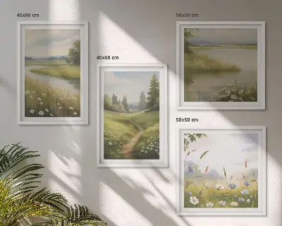 Mur de tableaux paysage printanier représentant une prairie riveraine