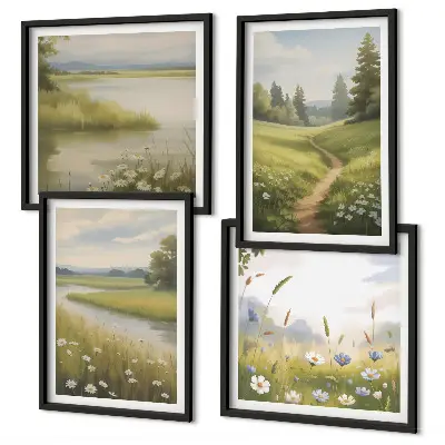 Mur de tableaux paysage printanier représentant une prairie riveraine