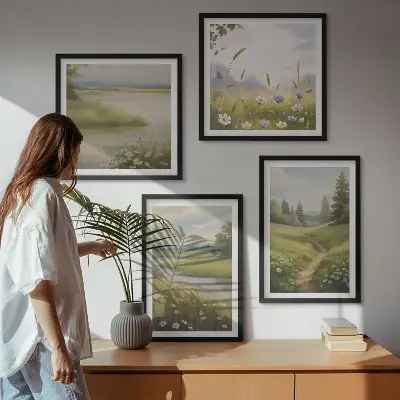 Mur de tableaux paysage printanier représentant une prairie riveraine