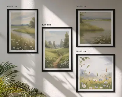 Mur de tableaux paysage printanier représentant une prairie riveraine