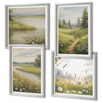 Mur de tableaux paysage printanier représentant une prairie riveraine