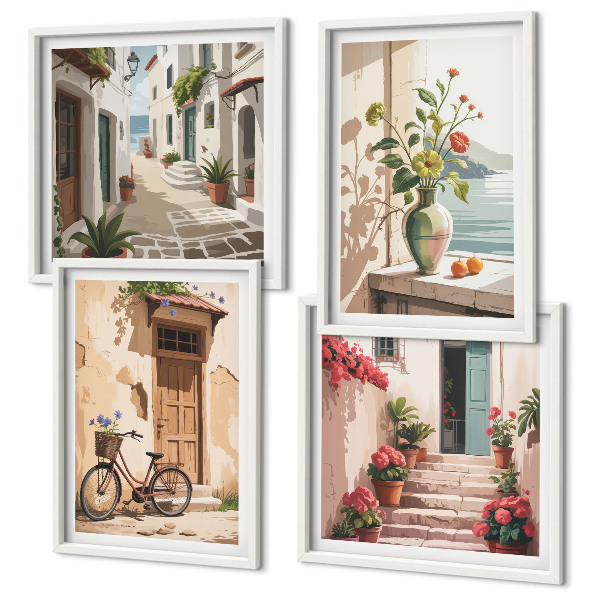 Ensemble de 4 tableaux Rues fleurs vélo peint